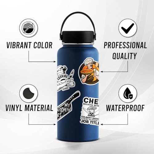 50 Pack Pcs Chef Stickers for Water Bottles Waterproof Vinyl Laptop Luggage Scrapbooking Funny Cooking Themed Sticker Packs Bulk Set Teens Adults Girls Kids Aesthetic Small Decals