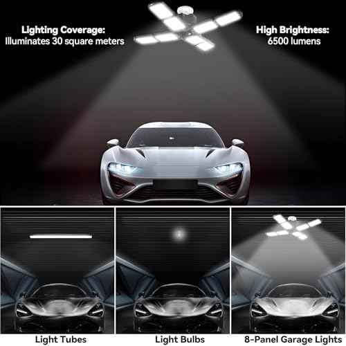 2 Pack Garage Light, 250W LED Shop Lights, 20000LM 6500K Garage Lights Ceiling Led with 8 Deformable Panels, Screw in E26/E27 Socket Bulb for Warehouse, Workshop, Basement, Barn, Storage Lighting
