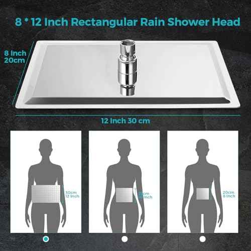 Shower Head, 12" Luxurious All Metal Rectangular Rain Shower Head with Handheld, High Pressure Rainfall Shower Heads wih Extension Arm Wide Dual Showerhead with Spray Combo Bathroom Accessories Chrome