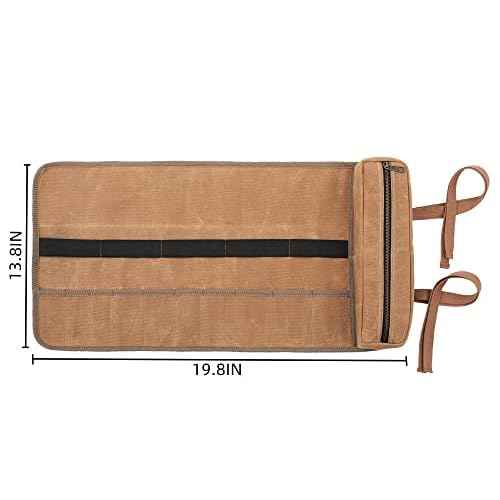 10 Pockets Tool Roll Up Organizer Bag, Heavy Duty 16oz Waxed Canvas Wrench Roll Up Bag with 2 Wrap Straps, Multi-Purpose Tool Pouch for Metric, SAE (Khaki)