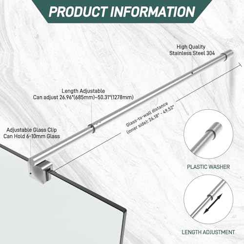 Shower Door Support Bar, 27.5'' to 47.2'' Telescopic Stainless Steel Wall-to-Glass Support Bar for 1/4"(6mm) to 3/8"(10mm) Thick Glass, Fixed Panel Support Rod, Brushed Nickel