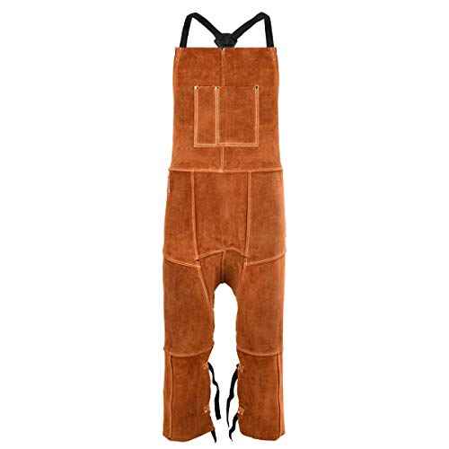 QeeLink Leather Welding Apron Split Leg for Men - Spark Flame Heat Resistant Bib Protective Chaps - Heavy Duty Cowhide Pants