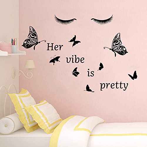 Her Vibe is Pretty Wall Decals Vinyl Inspirational Wall Decal Quotes Butterfly Eyelash Stickers Motivational Sayings Black Positive Lettering Wall Decals for Woman Girls Bedroom Living Room Bathroom