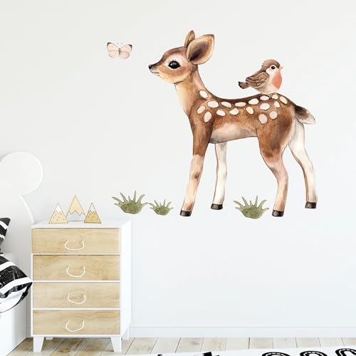 Cute Fawn and Bird Butterfly Deer Wall Stickers, sacinora Cartoon Jungle Animals Wall Decals Removable Vinyl Peel and Stick for Kids Baby Nursery Living Room Bedroom Children's Room Art Decorations