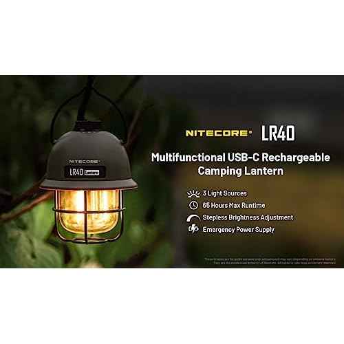 NITECORE LR40 Multifunct al Rechargeable Camping Lantern 100 Lumens w/Eco-Sensa USB C Charging Cable - Green