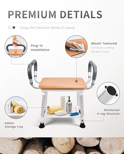 Sangohe Shower Chair for Inside Shower, Shower Chair with Wood Seat Board and Back, Height Adjustable Shower Chair for Elderly and Disabled, 400 lbs Heavy Duty Shower Seat for Seniors, 796D-A