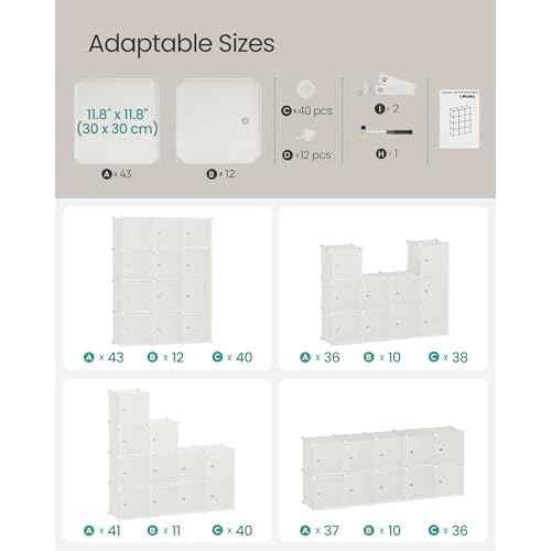 SONGMICS Cube Storage Organizer, Set of 12 Plastic Cubes, Closet Storage Shelves, DIY Plastic Closet Cabinet, Modular Bookcase, Shelving with Doors for Bedroom, Living Room, Cream White ULPC342W02