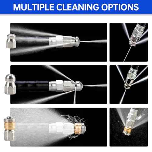 Sewer Jetter Kit 100FT for Pressure Washer, Pressure Washer Drain Jetter with 5800PSI Cleaner Hose 1/4 Inch NPT, Corner, Rotating & Button Nose Sewer Jetting Nozzle Spanner Waterproof Tape Pearl Pin