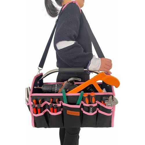 Pink Tool Bag for Women, Pink Tool Box for Women, Ladies Tool Tote Bag with Handle, Bolso De Herramientas, Womens Tool Bag with 21 External Pockets, Tool Bags for Women Ladder Tool Caddy