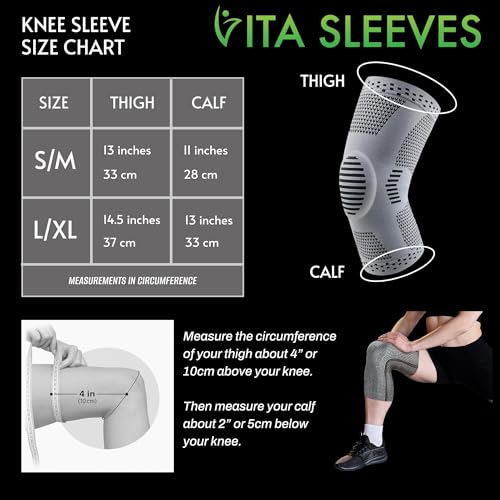 Vita Sleeves For Knees 7-Zone Compression Sleeve Brace | Breathable Lightweight Support for Sore or Stiff Knees in Running, Sports, Workouts | Anti-Slip Grip, Moisture-Wicking (S/M-L/XL) (Small/Medium)
