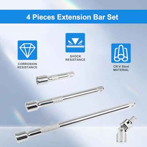 3/8 Inch Drive Extension Bar Set, Socket Extension Set Include 3, 6, and 10 Inch Extensions and 3/8 Inch Drive Universal Joint Sockets, 4 Piece Set
