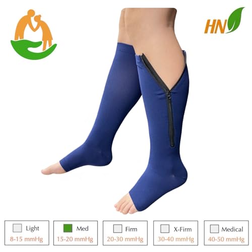 Seniors Care 15-20 mmHg Zipper Compression Leg Calf Open Toe Socks (Navy, 2X-Large)