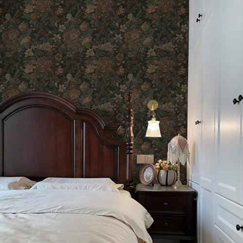 Dimoon Vintage Wallpaper Peel and Stick Dark Green Floral Wallpaper 16.1"x393"Flower Leaf Contact Paper for Bedroom Thicken Waterproof Self Adhesive Wall Paper Removable Shelf Liner Vinyl Roll