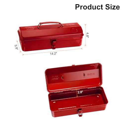 HARFINGTON Tool Box 14.2" Portable Steel Tool Box Hip Roof Style with Metal Latch Closure Tool Chest for Household Workshop Car, Red
