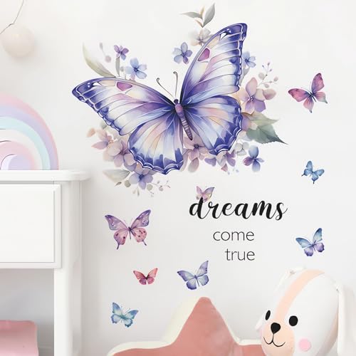 Dream Purple Butterflies Wall Stickers, sacinora Art Butterfly Dreams Come True Wall Decals Removable Vinyl Peel and Stick for Living Room Bedroom Nursery Playroom Children¡¯s Room Decorations