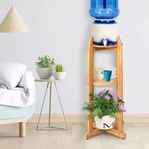 Natural Solid Wood Water Dispenser Stand (32.8"Hight-11.2"Wide) Ceramic Water Dispenser Floor Stand, 5 Gallon Water Jug Stand with 2 Round Shelfs Included for 1-5 Gallon Water Bottles/Crocks/Water Jug