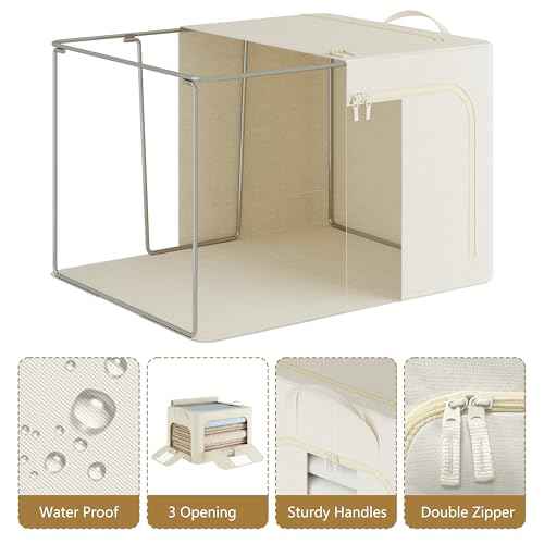 Pinkpum 3 Pack Clothes Storage Bins with Metal Frame, Closet Organizers and Storage Boxes, Stackable & Foldable Clothes Organizer Bags with Large Clear Window & Long Carry Handles, Beige 66L