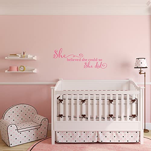 She Believed She Could so She Did - Pure Black Vinyl Wall Decal Carved Letters Girls Inspirational Quote Positive Kids Saying Sticker Home Art Decoration - Pink