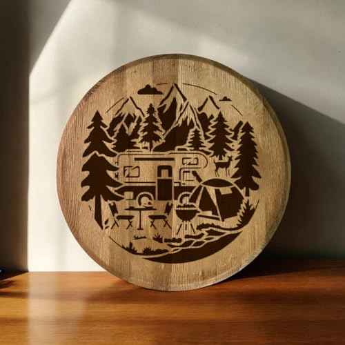 Camping Stencil for Painting, 11.8"x11.8"Reusable RV Mountain Tree Stencil Drawing Template, Outdoor Picnic DIY Craft Paint Template for Wall Home Decor Wood Burning Card Journal Canvas
