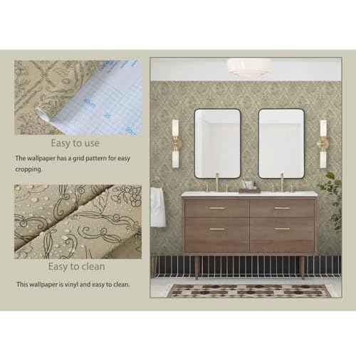Kitico Peel and Stick Wallpaper Vintage Bohemian Wallpaper Brown Contact Paper Flower Removable Waterproof Bathroom/Bedroom Cabinets Self Adhesive Vinyl 17.3 inches x393.7 inches