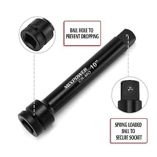 MIXPOWER 1" Drive by 6", 10" Impact Socket Extension Bar, Chrome Molybdenum Steel, 6", 10" ext. bar.