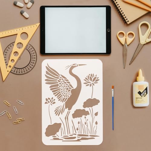FINGERINSPIRE 6 PCS Cranes Painting Stencil with 1Pc Plastic Paint Brush, 8.3x11.7inch Lotus Flowers Leaves Stones Pattern Stencil for DIY Home Decor