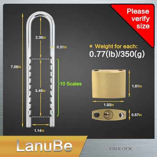 Lanube Solid Brass Cabinet Locks with Keys U Lock with Adjustable Length Shackle Outdoor and Indoor Keyed Alike Locks for Chains Trailers and Utility Boxes Removable 2.4 to 6 inches Pack of 2