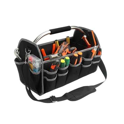 16 Inch Electrician Tool Bag, Open Top Tool Bag, Open Top Tool Bags, 26 Pockets Organizer with Steel Handle and Removable Shoulder Strap