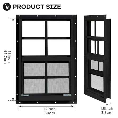 Shed Windows 2 Pack, Chicken Coop Windows 12" x 18" with Tempered Glass and Fiberglass Screen, Flush Mounted Small Window for Shed, Barns, Playhouse, Household, Garage (Black)