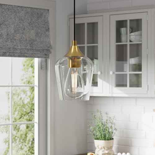 VONLUCE Pendant Lights Kitchen Island, Brushed Gold Pendant Light Fixtures with E26 Base & Adjustable Cable, Modern Pendant Lighting with Glass Shade for Living Room Bedroom Hallway, 2 Packs