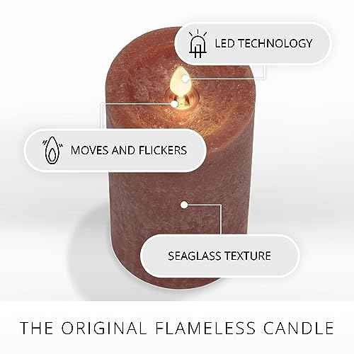 Luminara Sea Glass Flameless Candle, Adobe 3" x 6.5", Moving LED Flame Pillar with Timer, Battery Operated, Real Wax, Unscented Home D?cor