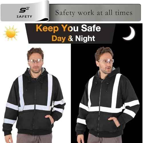 sesafety High Visibility Safety Hoodie for Men Fleece Lined ReflectiveZip up Sweatshirt Class 3 Heavy Duty Hi Vis Jacket