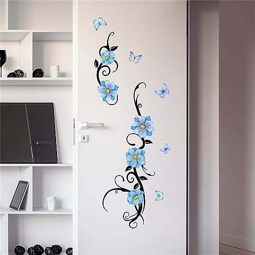 Blue Flower Vine Butterfly Wall Stickers, sacinora Floral Art Wall Decals Removable Vinyl Peel and Stick Wall Mural for Living Room Bedroom Nursery Children's Room Furniture Door Decorations