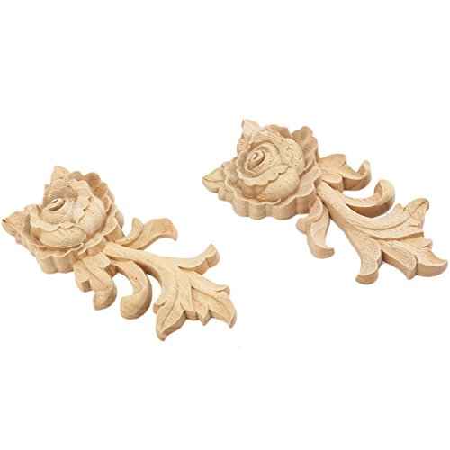 MUXSAM Rose Wood Carved Appliques Onlay, 2-Pack Unpainted Wooden Mini Decals for Cupboard Cabinet Wall Dresser Bed Mirror Mantels Fireplace Wardrobe Decor(15x6.5cm/5.91x2.56in)