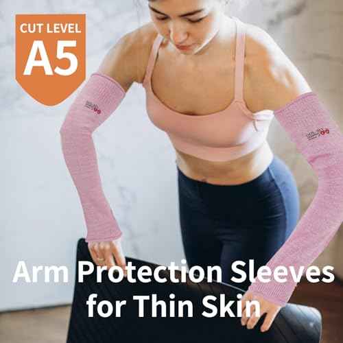 Arm Protectors For Thin Skin And Bruising, Cut Resistant Sleeves For Men Women, A5 Level Farmer Sleeve For Gardening (Grey & Pink, 17.7 In - 2pairs)