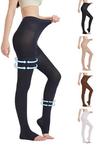 MGANG Medical Compression Pantyhose for Women & Men, 15-20mmHg Graduated Compression Support Tights, Open Toe, Opaque Waist High Compression Stockings for Edema, Varicose Veins, Flight, Navy Blue L