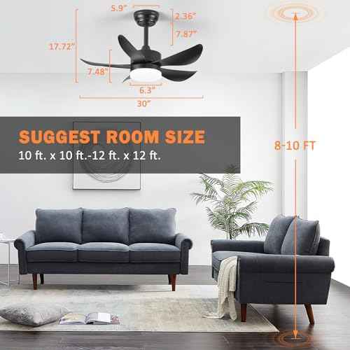 Ceiling Fans with Lights and Remote,30 Inch Smart Ceiling Fan,Reversible,Noiseless,Small Black Ceiling Fan for Bedroom Kitchen Indoor/Outdoor Patio