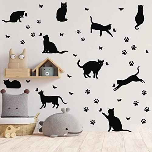 Bamsod Black Cat Wall Stickers for Kids Bedroom - Vinyl Wall Art Decals, 10 Pcs