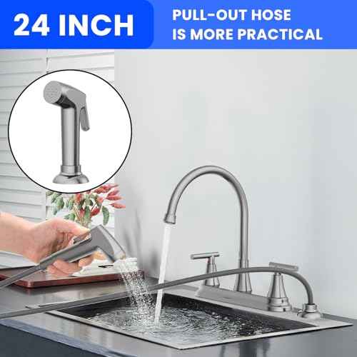 HURRAN 2-Handle Kitchen Faucet with Pull-Out Side Sprayer, 8 Inch High Arch Stainless Steel 360¡ÆRotating Kitchen Sink Faucet, 4 Hole Faucet for Kitchen Bar Rv Camper, Nickel