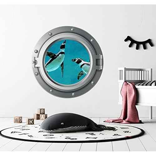 Niwo ART - Penguin, Sea Porthole Under Water Submarine 3D Decal, Peel and Stick Self-Adhesive Wall Sticker (12 inches)