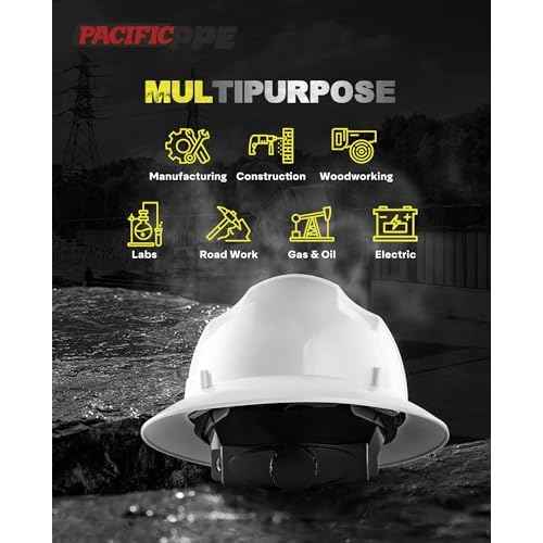 PACIFIC PPE Full Brim Hard Hat, OSHA Construction Safety Helmet Certified to ANSI Z89, 4 Point Adjustable Ratchet Suspension, Class E, G & C, White