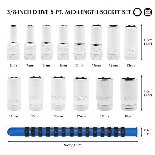 MIXPOWER 3/8" Drive Mid-Length Socket Set with Storage Rails, 14-Piece, 6 Point, 6-19mm, CR-V, Metric, Semi-Deep Socket Set