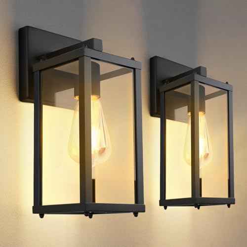 Outdoor Porch Lights Sconce: Waterproof & Stylish Exterior Lighting Fixtures, Black Wall Light with E26 Socket and Glass Shade, Modern Outdoor Lanterns for Patio & Front Door (2 Pack)