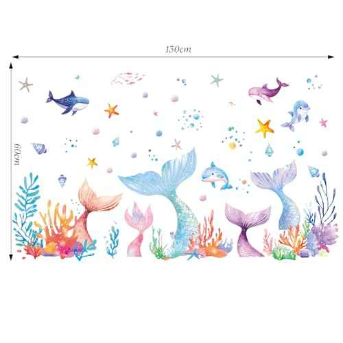 SHUCHING Mermaid Tail Wall Sticker Peel and Stick, Under The Sea Wall Decal, Wall Decor Art for Girls Bedroom Baby Nursery Bathroom
