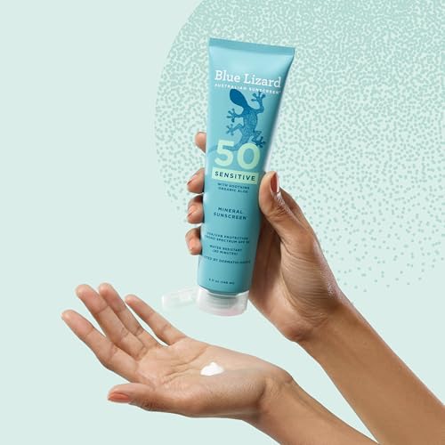Blue Lizard Sensitive Mineral SPF 50 Sunscreen Lotion, 100% Mineral Sunscreen, UVA/UVB Protection, Infused with organic Aloe Vera, Soothes and Hydrates, 5 fl oz