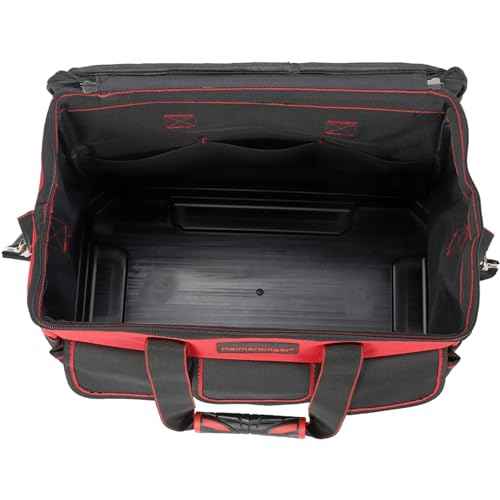 17 Inch Tool Bag with Adjustable Shoulder Strap,Wide Mouth Tool Bags,Heavy Duty Waterproof Tools Bag Organizer,Plastic Hard Bottom Base Tool Tote Bag for Men