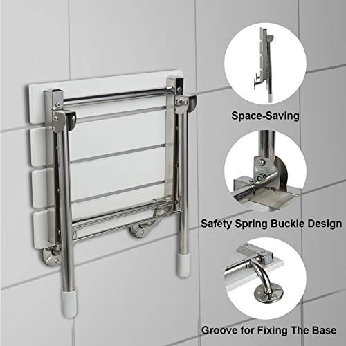 Folding Shower Seat Wall Mounted Bathroom Bathtub Safety Stool Chair, Solid Wood, with Support Legs, Load of 350 lbs, 14.88"(L)*12"(W)*17.12"(H) (WPC)
