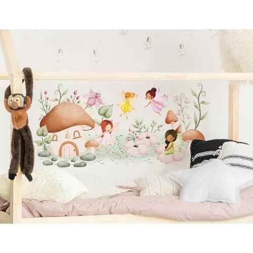Woodland Mushroom Wall Decals Mushroom House Garden Wall Stickers Peel and Stick Fairy Floral Plants Wall Art for Girls Bedroom Baby Nursery Living Room Sofa TV Background Decor