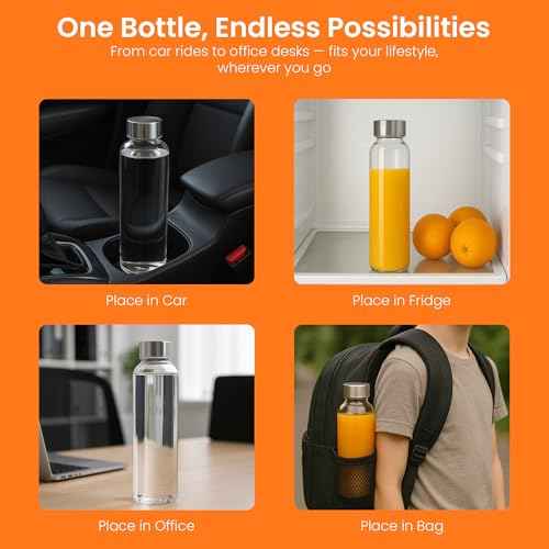 Epica Clear Glass Bottles with Lids, 18oz Resuable Glass Water Bottles for Juicing with Stainless Steel Cap to store Milk, Smoothie, etc., 100% Leak Proof, Durable and Dishwasher Safe (Set of 6)