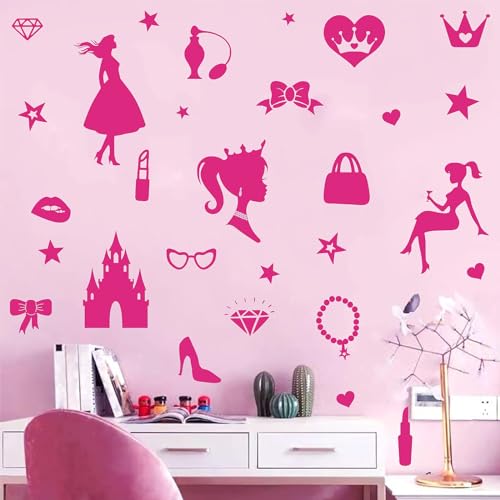 64PCS Pink Princess Stickers - Bedroom Wall Sticker Heart Shape Decoration Large Sticker Star Shape Sticker Gorgeous Girl Sticker for Wall Decor Fridge Decor Student Prize